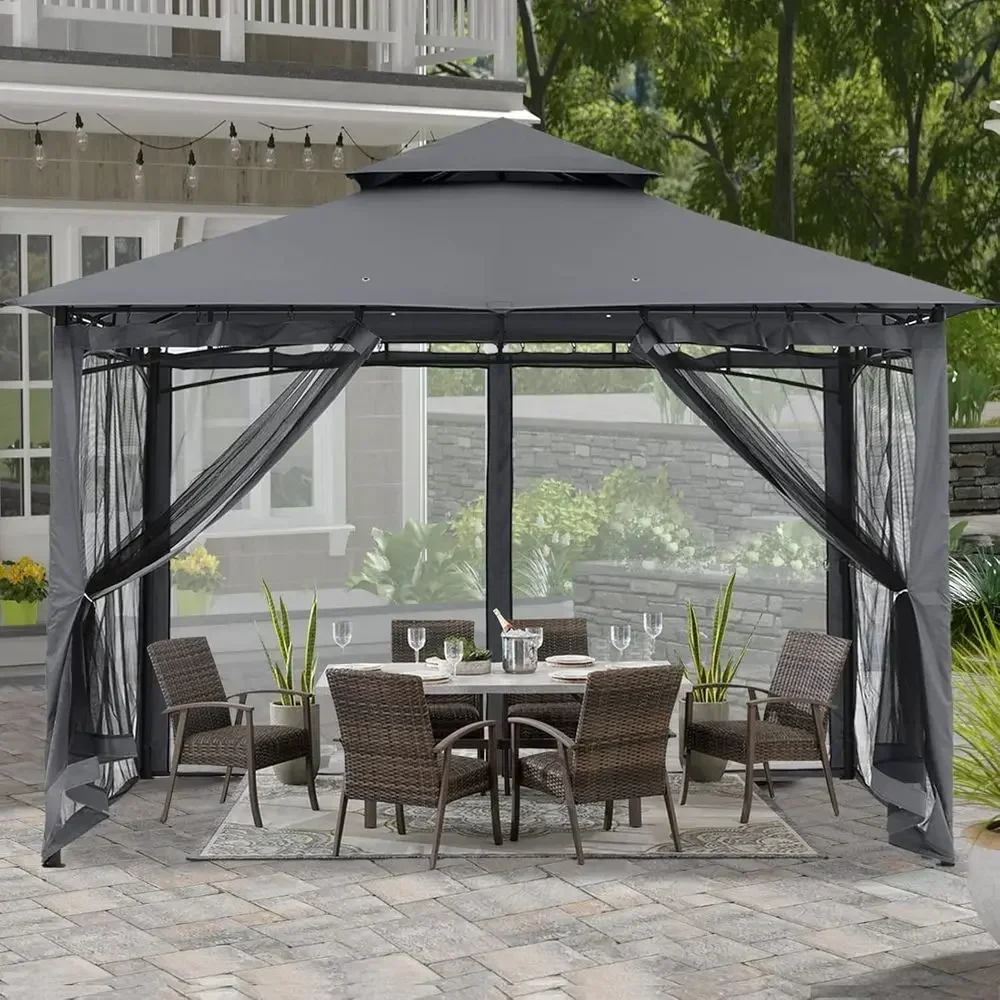 Outdoor Steel Gazebo with Mosquito Netting for Lawn, Backyard, or Garden Deck - 10x10 (K Gray)