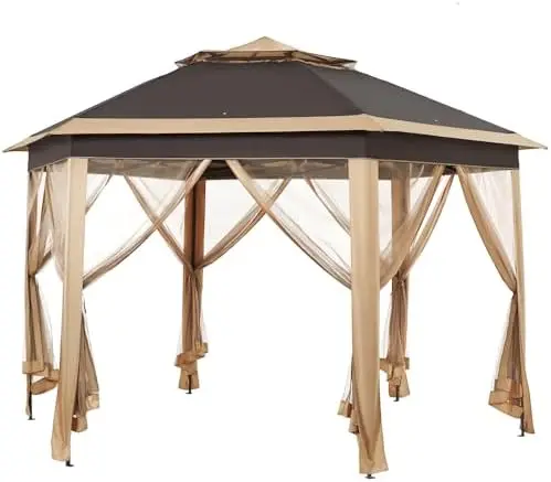 13x13 Pop up Gazebo, Hexagonal Outdoor Canopy Shelter, Instant Patio Gazebo Sun Shade Canopy Tent with Double Tiers &