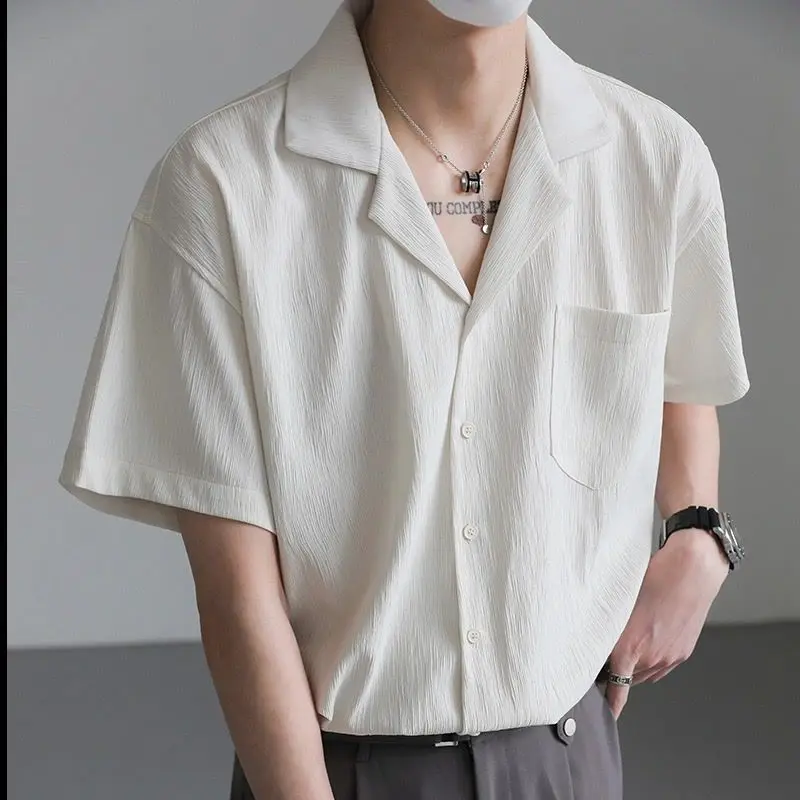 Fashion Summer Men Clothing White Shirts Solid Lapel Single Breasted Pocket Korean High Street Casual Short Sleeve Loose Tops