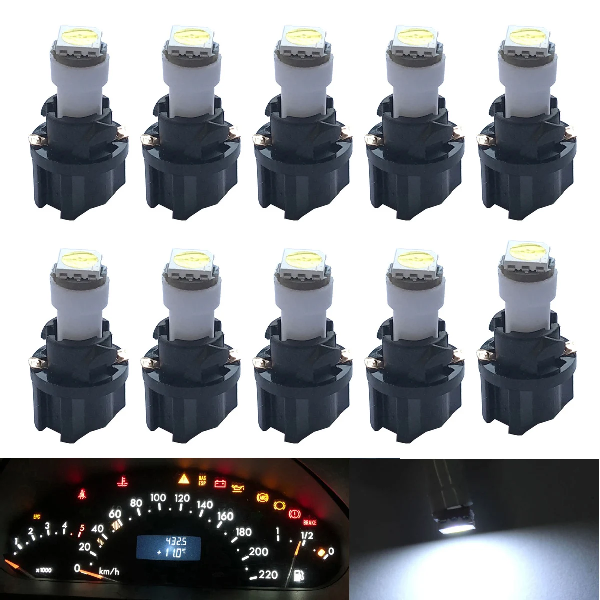 10pcs T5 PC74 W3W W1.2W LED with Twist Sockets Bulbs Dashboard Warming Indicator Wedge Replacement Instrument Cluster Bulbs