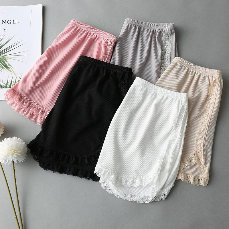 Women Spring Summer Same Color Side Lace Safety Shorts Pants Sweet Loose Elastic Home Sleep Shorts Nightwear Bottom Thin Pajamas