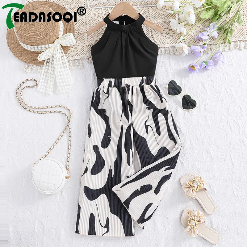 4-12Y Summer Kids Suits For Girls Sleeveless Vest Tops+Black&White Pattern Pants Vacation Stylish Elegant Party Casual 2Pcs Set