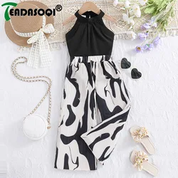 4-12Y Summer Kids Suits For Girls Sleeveless Vest Tops+Black&White Pattern Pants Vacation Stylish Elegant Party Casual 2Pcs Set