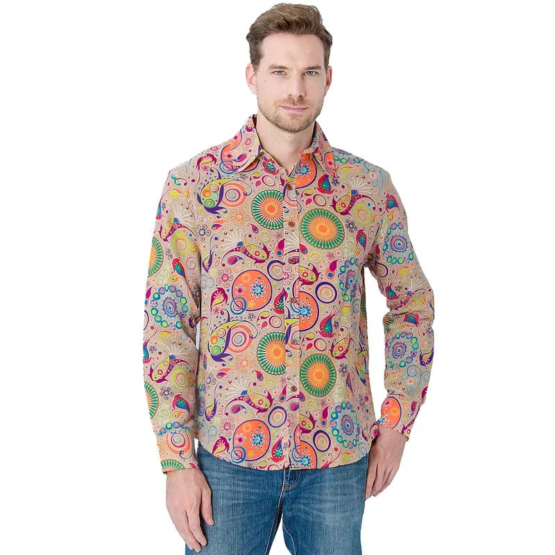 Men 70s Shirts Vintage Hippie Disco Party Dress Shirt Paisley Floral Funky Fancy Long Sleeve Casual Button Down Tops