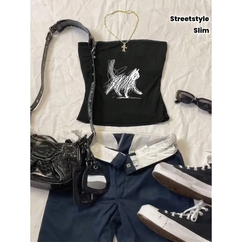American-Style Graffiti Cat Print Black Plunging Top with Fitted No-Buckle Strapless Look for Trendy Girls to Wear as a Vest Ove