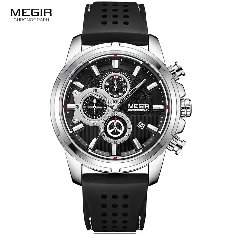 Megir exército esportes relógios de quartzo masculino cronógrafo pulseira silicone relógio de pulso luxo marca superior relogios mascuoino 2101 prata