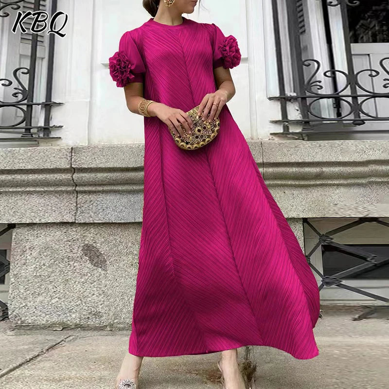 

KBQ Solid Spliced Appliques Loose Dresses For Women Round Neck Short Sleeve High Waist Patchwork Folds Elegant Dress Female New