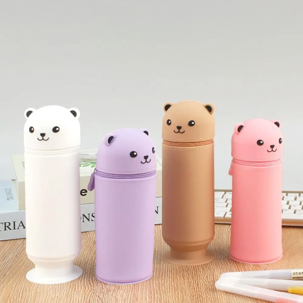 Round Pencil Holder Cute Animal Cartoon Bear Pencil Case Silicone Soft Pencil Pouch Big Capacity Stand Up Stationery Box Student