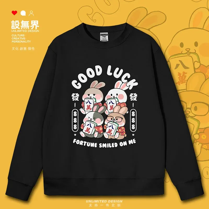 Original Mahjong 80000 Wealth Rabbit Festival Rabbit Lucky Hong Kong Style mens hoodies sporting winter clothes autumn winter