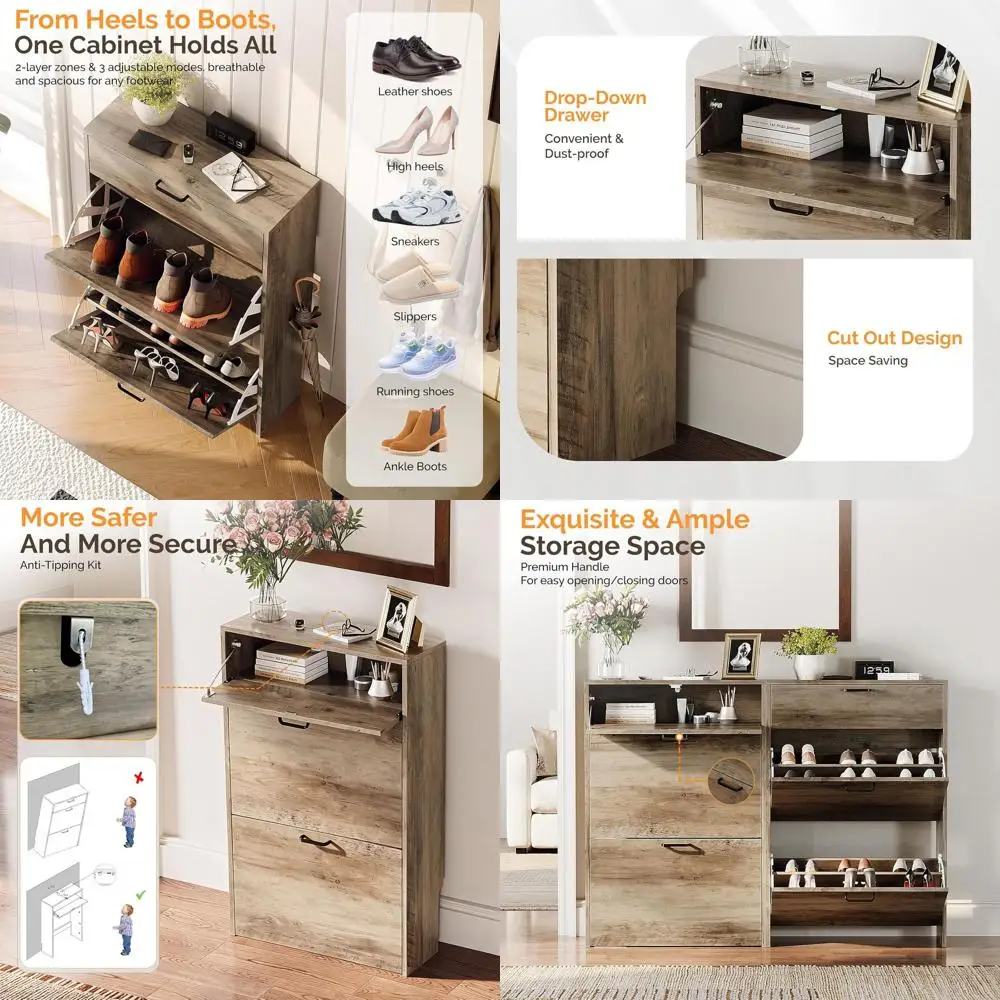 

Ultra Slim Shoe Cabinet with Drop-Down Drawers, 24.8 Wide, Gray Wood Storage for Entryway or Hallway