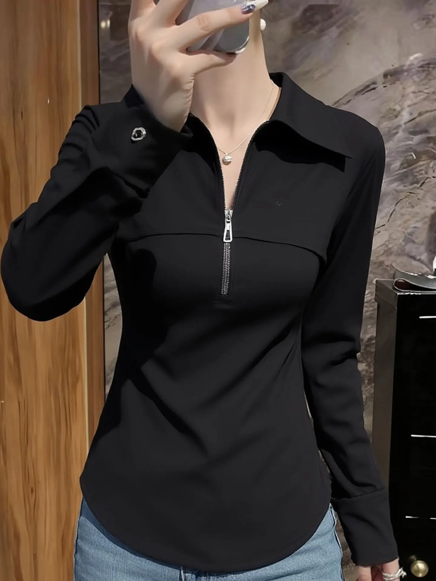 

Ele Bla Zipper Ne Long Sve T-irt Women's Base irt Spring Season Versatile Simple Design Commute Sle