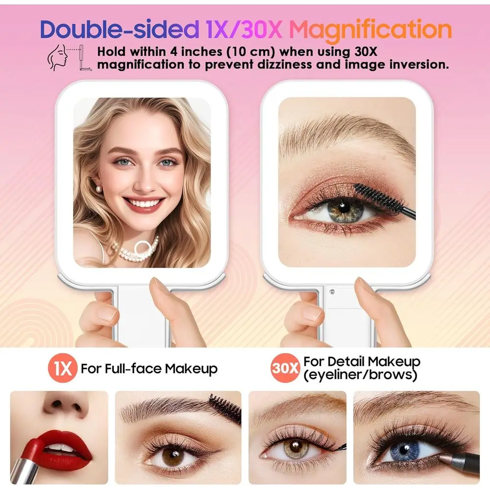 مرآة مكبرة محمولة على الوجهين 30X/1X مع ضوء قابل للتعديل بثلاثة ألوان للسفر والمكياج #3