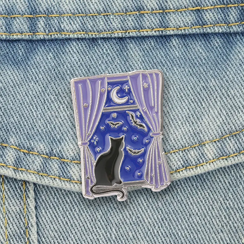 Black Cat Window View Badge Purple Curtain Moon Star Bat Enamel Pins Gothic Halloween Brooch Punk Accessories Bag Decor