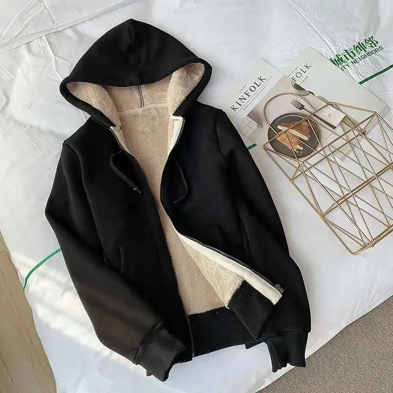 Autumn and Winter New Cashmere Hooded Sweater for Women Loose Thickened Warm Artificial Cashmere Women Cardigan Zipper Coat