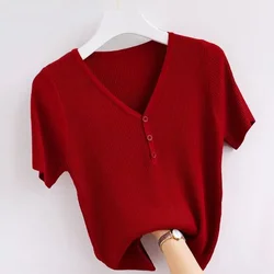Women's Clothing Mesh Silk Thin Short Sleeve T-shirts Summer Fashion Casual Solid Button Tops Chic V-neck All-match Pullovers
