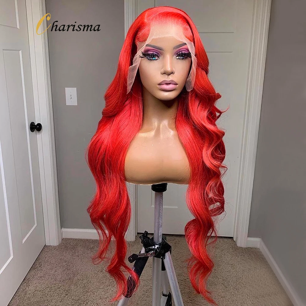 Carisma-peruca frontal de renda sintética para mulheres, perucas de renda frontal, cabelo de bebê, linha fina natural, onda corporal, vermelho