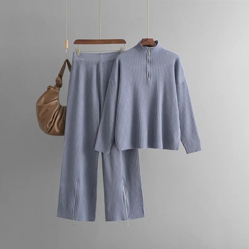 Chic Design Knitted 2 Piece Sets Casual Solid High Waist Sweatpants Outfit Women Zipper Turtleneck Knit Sweater Tops Conjuntos