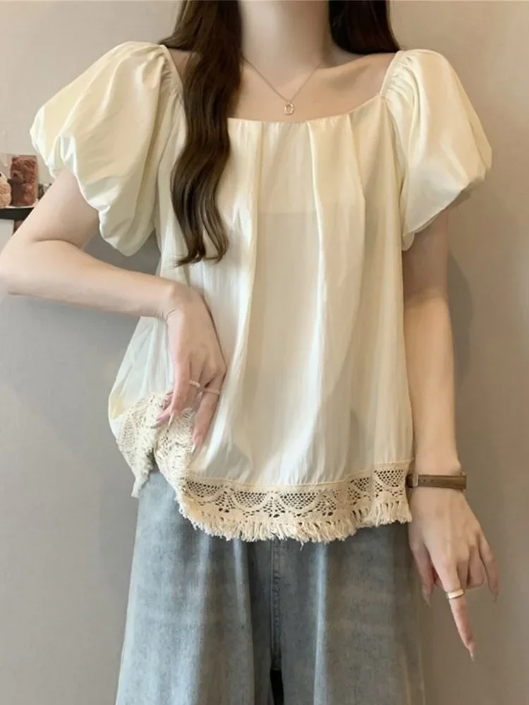 우아한 아름다운 프랑스 레이스 Tassels Boho 블라우스 스퀘어 칼라 퍼프 슬리브 스위트 셔츠 젊은 여성 캐주얼 탑 한국 패션