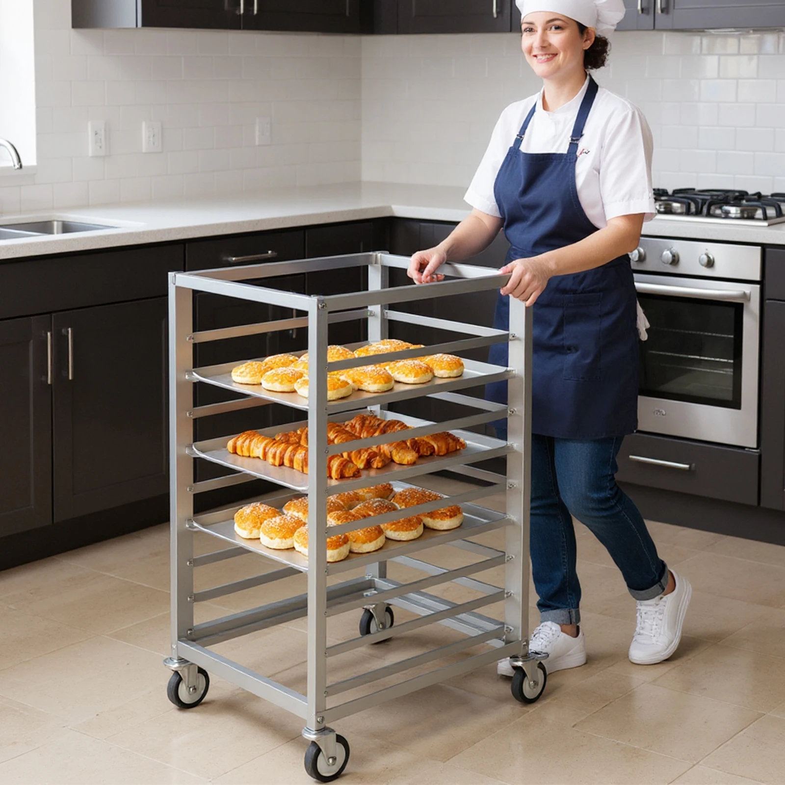 Heavy Duty Plate Casters 9 Pan 3 Inch Spacing with Brake Wheels Commercial Aluminium Bun Rack for Commercial Baking and Bakers