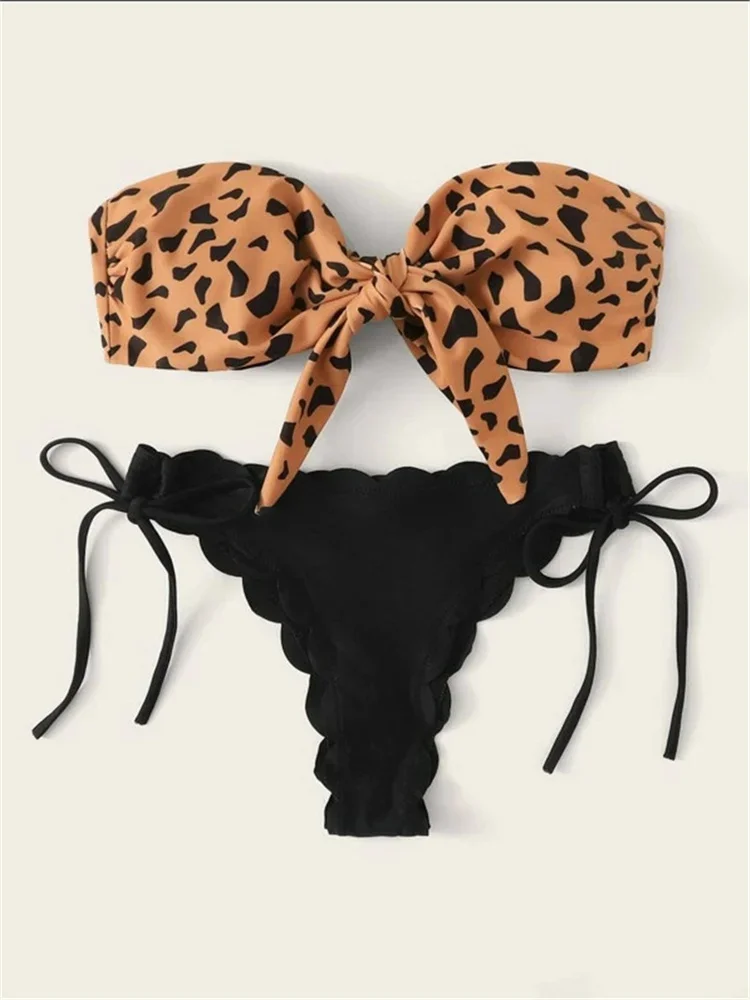 

Beach Bikini 2026 Woman Sexy Front Lace Up Tie Bandeau Leopard Swimsuit Female Push Up Ruffled Bow Bathing Suit Thong Swimwear