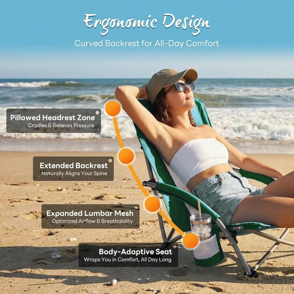 

Beach Chair Folding Camping Chair For Adults, Low Profile Lawn Chair With Cup Holders Carry Bag, Compact Low Profile Chair For