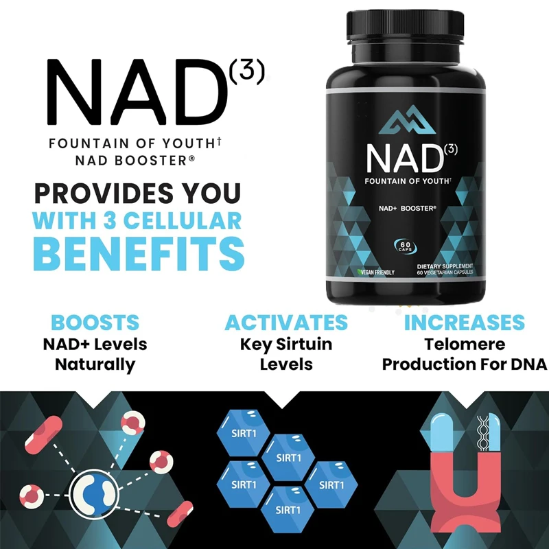 NAD supplement 60 capsules 1000mg, nicotinamide nucleoside alternative (NAD3) for cellular energy and healthy aging