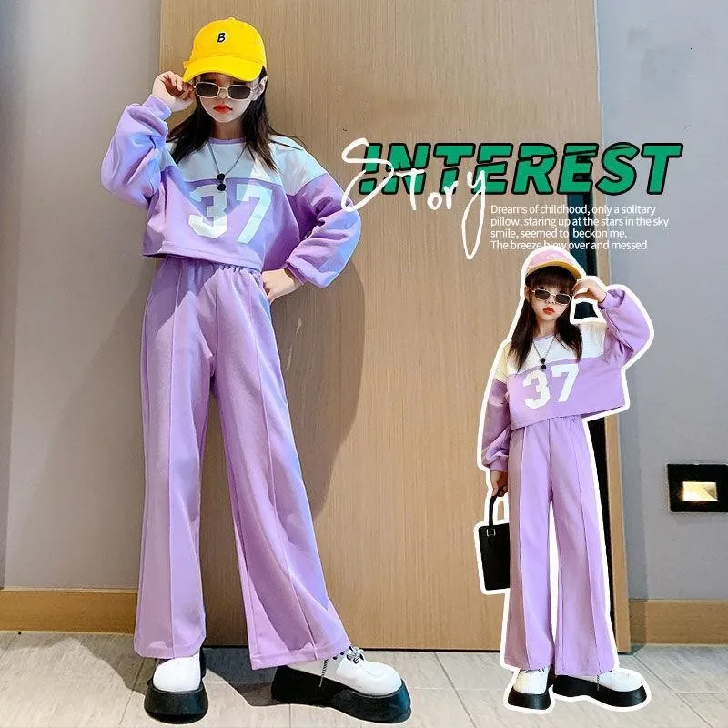 

Spring Autumn Girls Contrast Crop Workout Sweatshirt+Loose Sweatpant Set School Kids 2PCS Tracksuit Child Jogger Outfit 5-16 Yrs