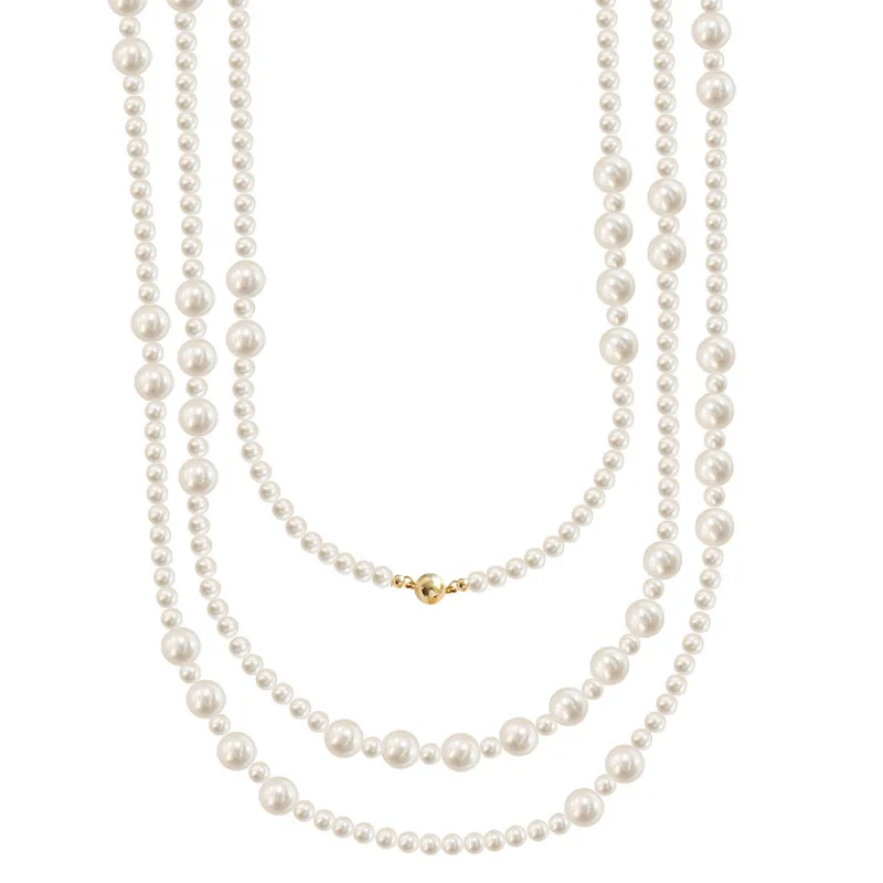 1.6m long Women Pearl necklaces with Silver buckle, tready shell made Pearl round beads chain, various way of wearing jewelry