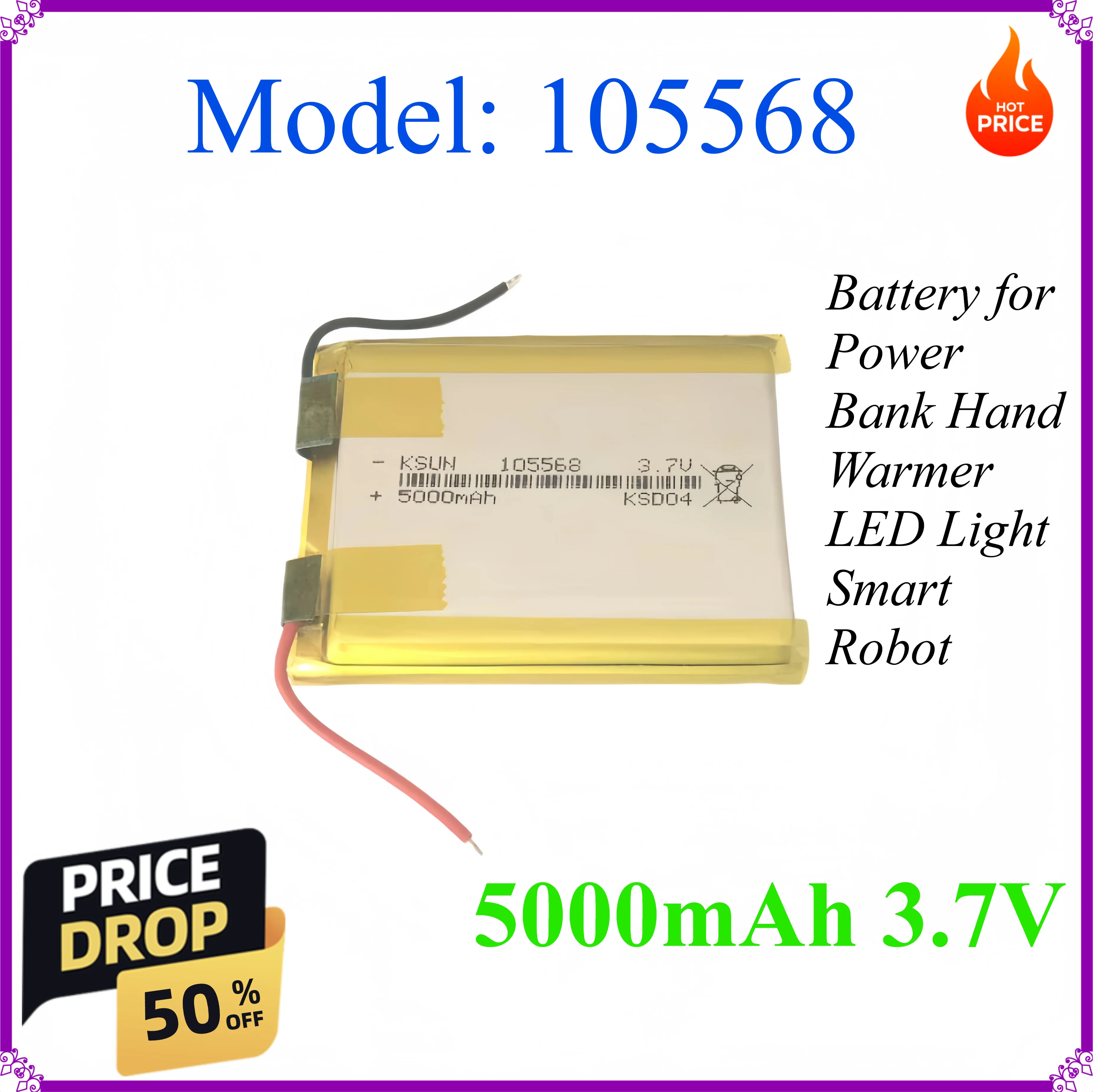 

105568 Battery 5000mah 3.7V Lithium Polymer for Power Bank Hand Warmer LED Light Smart Robot Rechargeable Li-polymer Batteries