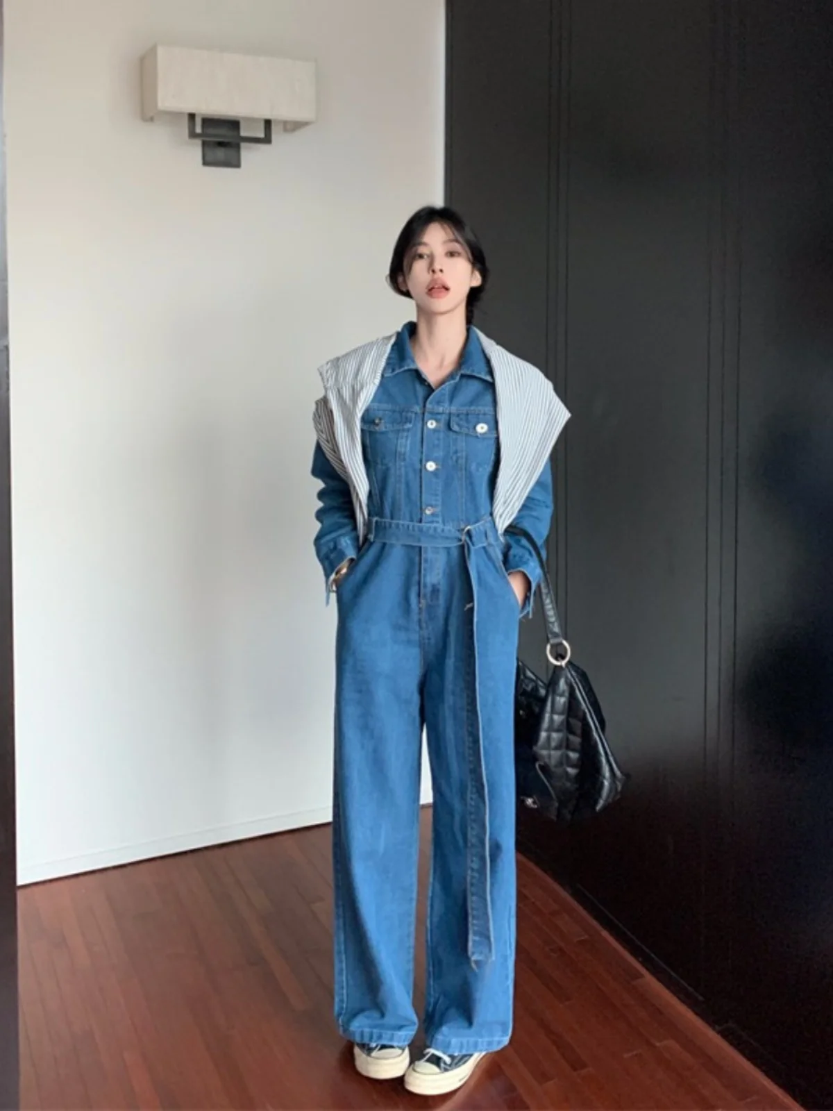 Dark Blue Retro Fashion Jumpsuit Women Autumn 2024 New High Waist Loose Slimming Denim Polo Collar Trousers