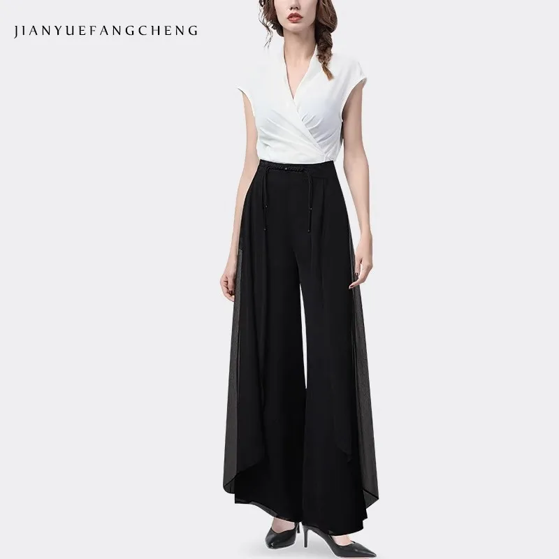 Womens Summer Lightweight Black Chiffon Wide Leg Pants High Waist Disc Buckle Design Loose Casual Flowing Long Trousers