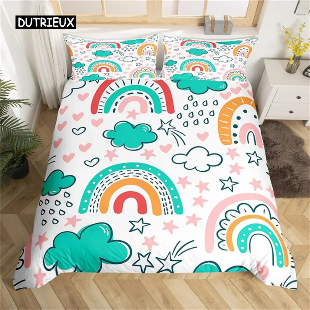 

Cute Rainbow Duvet Cover Set Single For Microfiber Cartoon Bedding Set Sun Moon Star Comforter Cover Teens Girls Room Decor