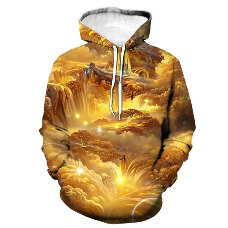 3D Printed Golden Stacking Hoodies For Men Fashion Pattern Pullovers Casual Hooded Long Sleeves Oversized Tops Sweatshirts