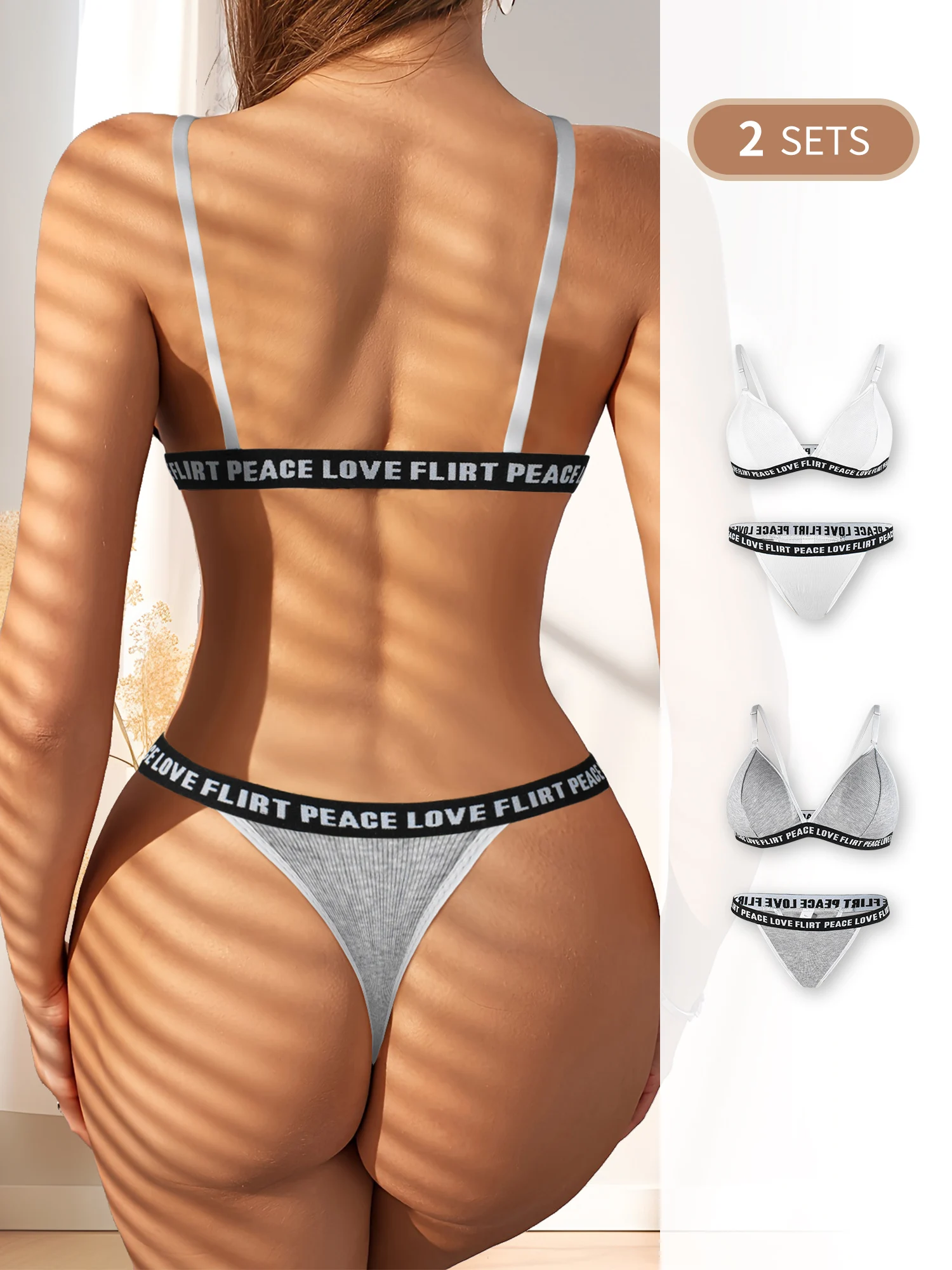 Ladies Fashion Letter-printed Underwear and Thong 2 Pieces with No Underwire Sexy Big Backless Bra 2 Pieces with 2 Sets