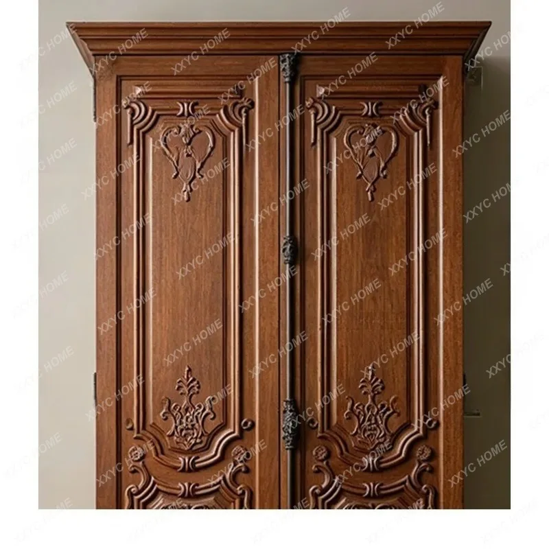 XXFactory Direct  Retro Double Door Wardrobe Solid Wood Modern Simple Wardrobe Carved Large Space