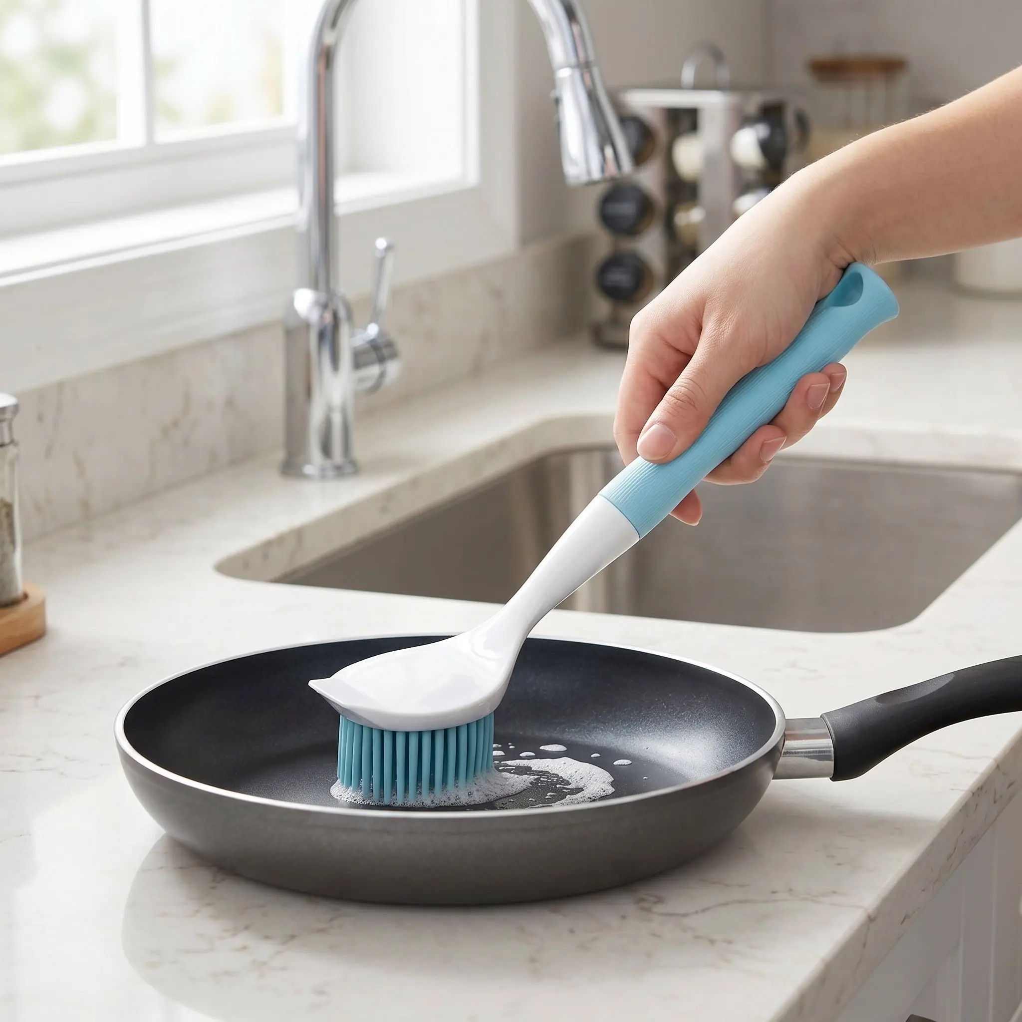 Silicone Kitchen Brush Long Handle Dishwashing Tool Heat Resistant Non Scratch Pot Scrubber for Pots Pans Cast Iron Cookware