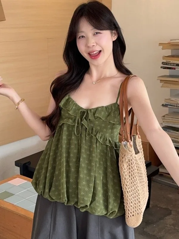 Gorgeous Floral Print off Shoulder Vest Women's Summer Outerwear High End Feelings Sleeveless Top Korean Style Bloom Design