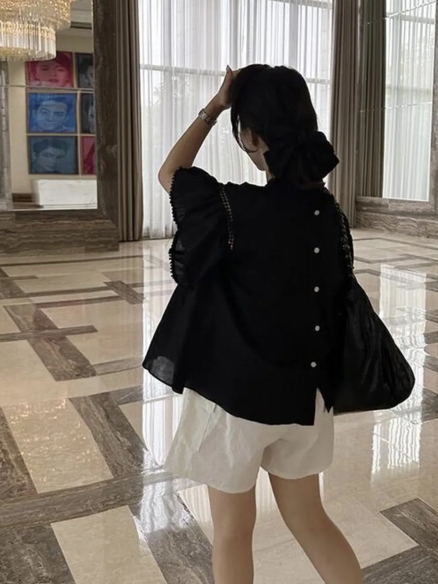 

Chic Summer Loose Fit Gored Sve irt Women's round Ne Pred Pleat Ba Single Button Flng Sve Top Faionable El...