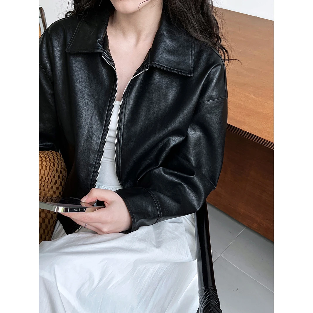 2024 Spring Pu Leather Turn Down Collar Jacket Coat Fashion ZIP Women Classic Jacket Femme Streetwear Women Tops Clothes