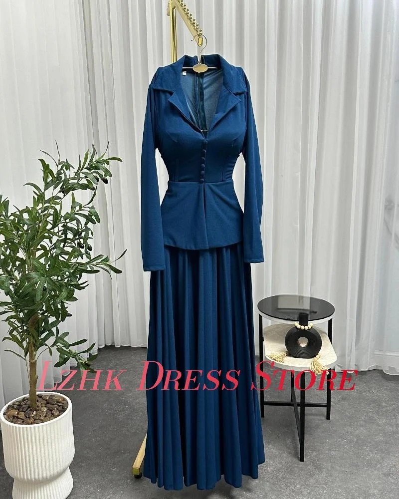 Personalizado moderno jérsei a linha botões vestido de noite de alta qualidade mangas compridas com decote em v até o chão فساتmavera