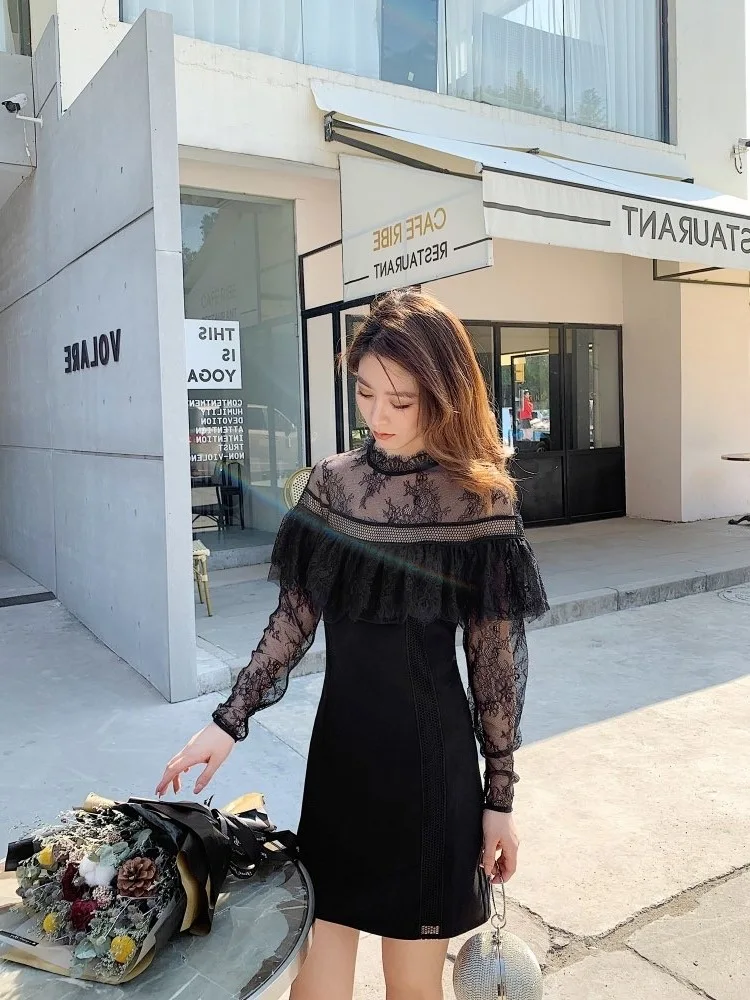 

New 2023 Autumn And Winter Women's ClothingLace Dress Fine Cut Sexy Cutout Slim Three-Dimensional 1014