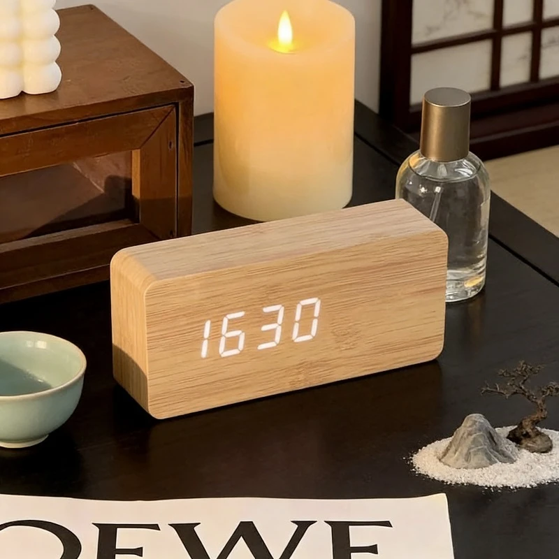 Wooden Multifunctional Alarm Clock LED Thermometer Digital Student Bedside Electronic Night Light Clock