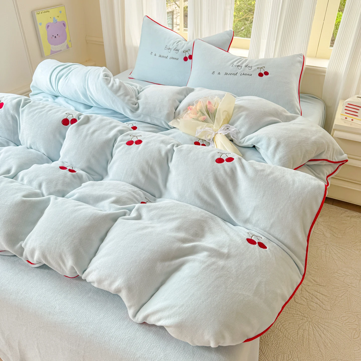Fresh Style Cherry Bedding Set Blue Pink Milk Fleece, 3/4pcs Purple Duvet Cover Set for Adultd Kids' Bedroom Home Decoration
