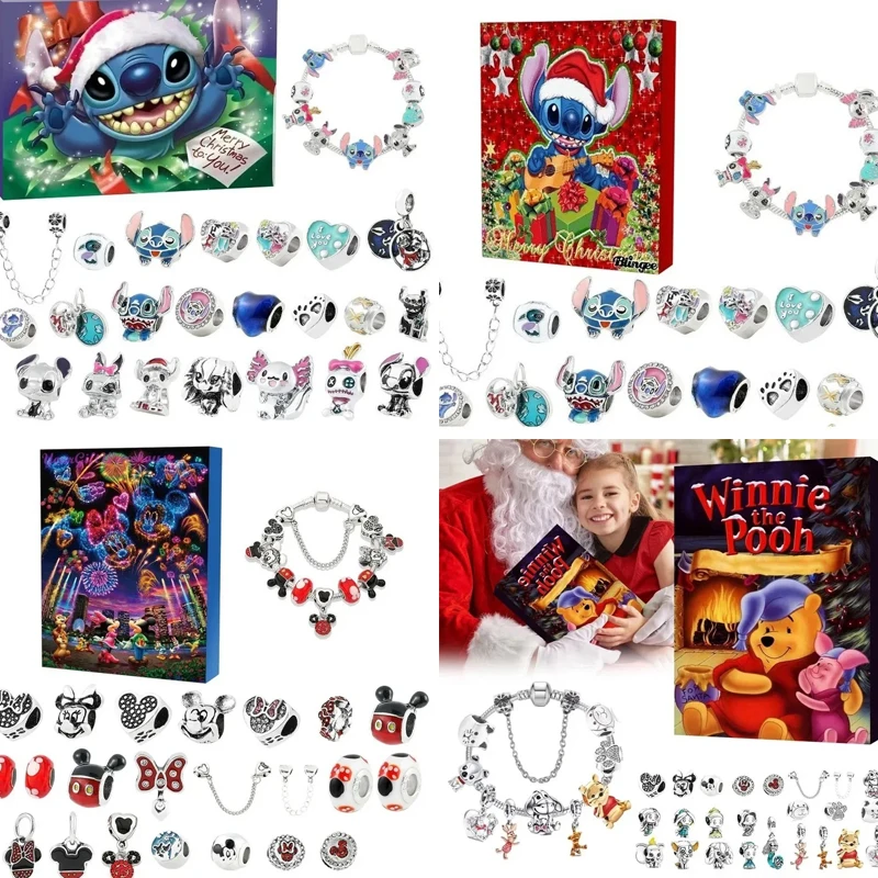 New Disney Stitch Mickey Christmas Advent Calendar Bracelets 24 Days Xmas Countdown Calendar Diy Jewelry Making Kit Girl Gifts