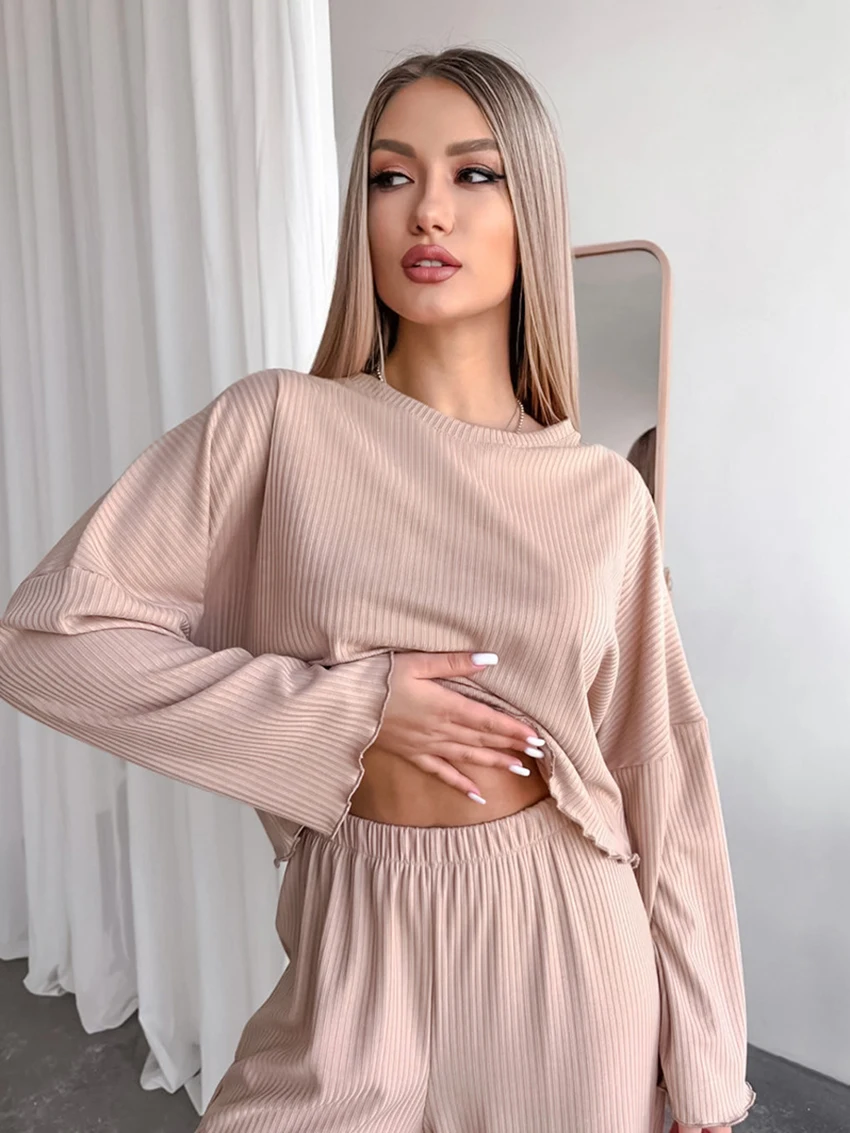 Marthaqiqi Knitted Female Sleepwear 2 Piece Set O-Neck Pajamas Long Sleeve Nightie Crop Top Nightwear Pants Casual Home Clothes