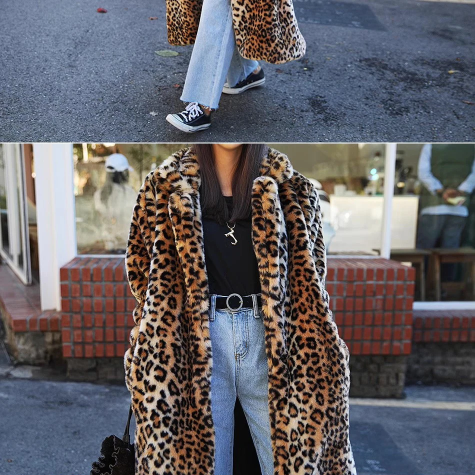 Women Winter Warm Long Coat Turn Down Collar Leopard Print Faux Fur Women Fur Long Coat Tops For Women Jackets Casaco Feminino