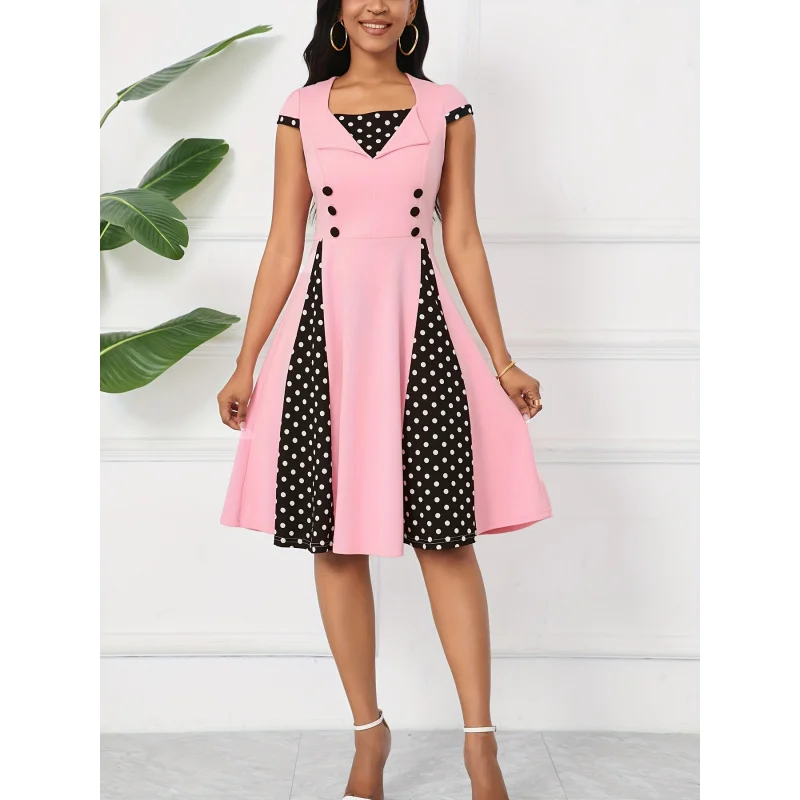 

Polka dot print block line dress, elegant swing button dress, women's dress wd2003