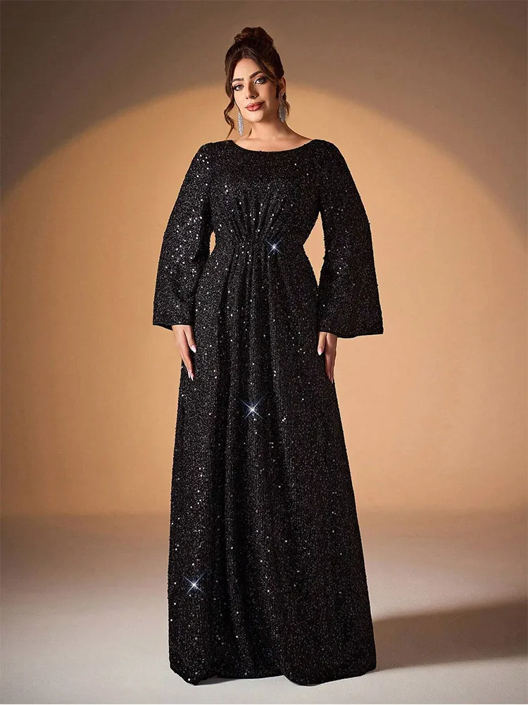 Plus Size Round Neck Long Sleeve Royal Blue Sparkling Evening Dress 4LX 5XL Big Size Wedding Banquet Bridesmaid Prom Gown 2024