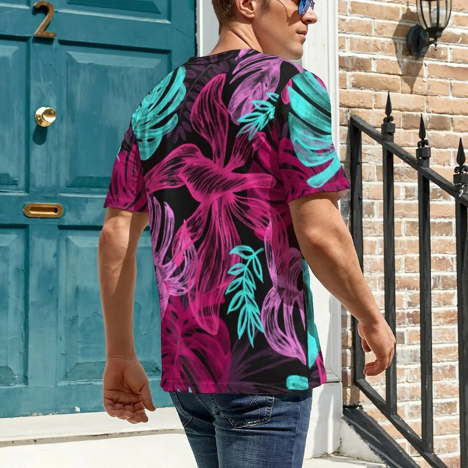 Tropical Palm Leaves T-Shirt Purple Leaf Print Cool T-Shirts Men Basic Tshirt Beach Short Sleeves Graphic Top Tees Plus Size 6XL