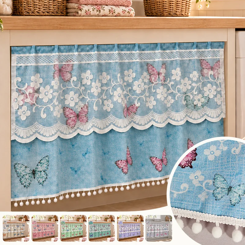 1Pc Rose Butterfly Lace Pom Pom Tassel Curtain No Drill Self-Adhesive Cabinet Curtain Blackout Drape for Kitchen Bookcase Decor